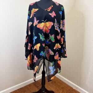 Original Anthony Butterfly Print Sheer Poncho Blouse Black Multicolor 1X
